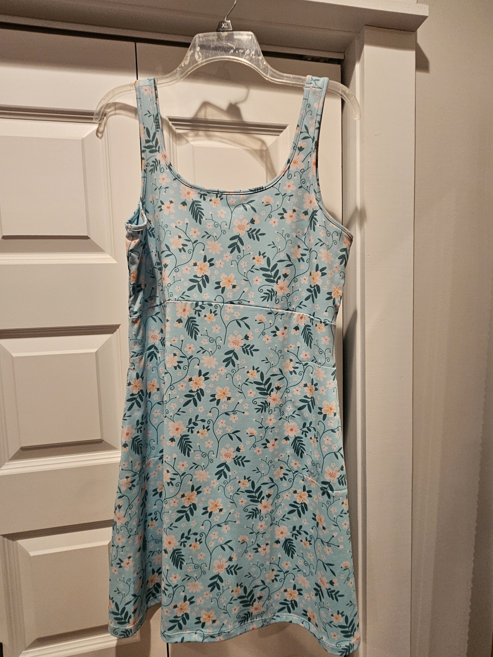 Women's Light Blue Floral Mini Dress with Scoop Neck - Large